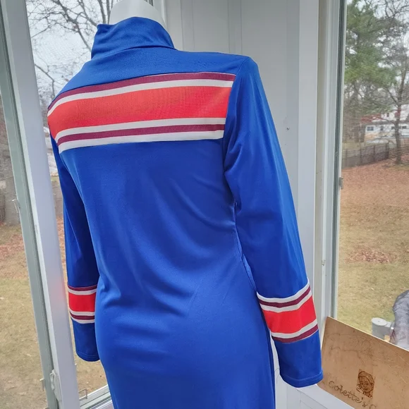 Royal Blue Red & White Ribbed Striped Mock Neck Maxi Column Knit Dress - Picture 6 of 16